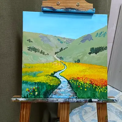 Original Acrylic Landscape Painting on Canvas — hillside blossom