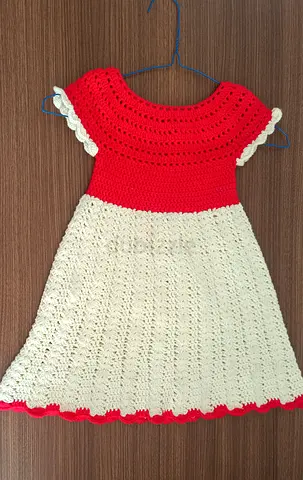 Handmade Crochet Dress - Red  Cream, Size - 3-5 years