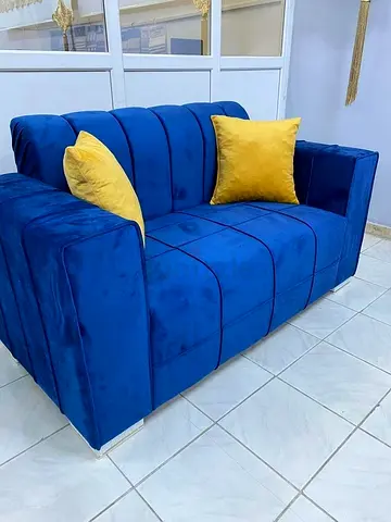 Compact Blue Velvet 2-Seater Sofa with Yellow Cushions