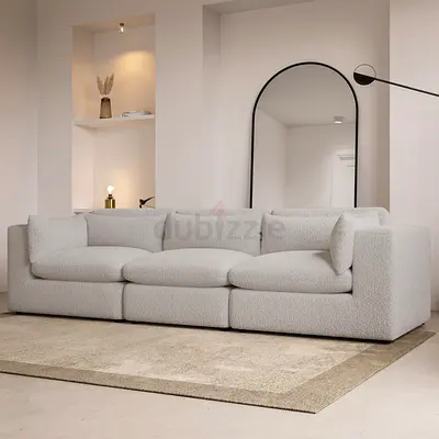 Soft cushioned wide armrest boucle fabric sofa