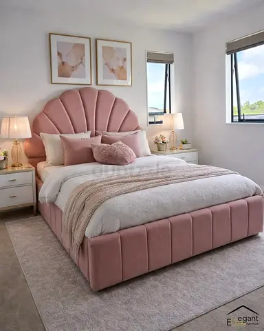 Pink Velvet Shell-Style Double Bed with Upholstered Base -