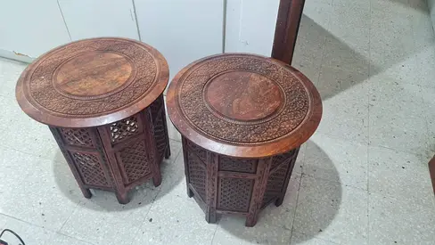 Pair of Hand-Carved Round Wooden Side Tables / Stools