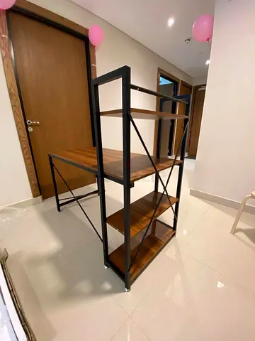 Wooden Desk with Built-in Metal Frame Shelves