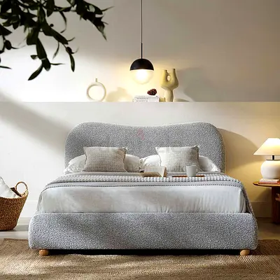 Upholstered Bouclé Double Bed with Curved Headboard