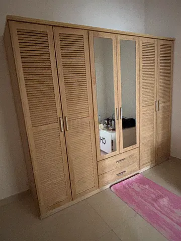 Light wood double-door wardrobe / cabinet with slatted doors