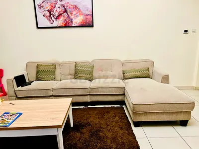 L-shaped 4-seater fabric sofa with chaise (beige) with Center Table  Carpet(Complete set)