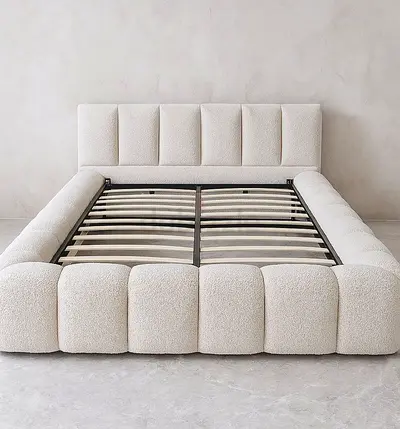 Cream Upholstered Platform Bed Frame with Padded Headboard