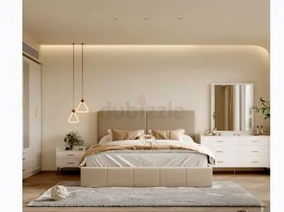 Modern beige upholstered bed with mattress and bedside dressers