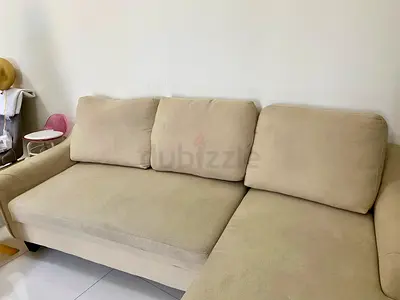 Beige L shape Sofa with Cushions - Good Condition