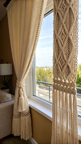 Handmade Macramé Boho Curtains with Tassels - Cream Set
