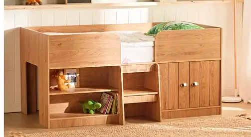 Wooden toddler/childrens bed with built-in storage and drawers