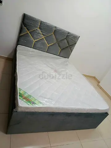 Grey Upholstered Double Bed with Headboard and Mattress