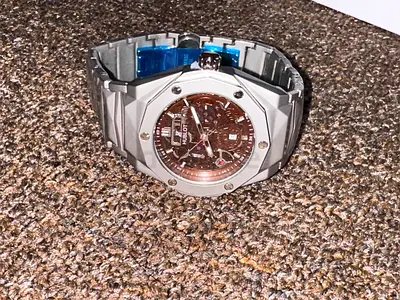 Mens stainless steel analog wristwatch with brown dial