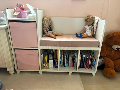 Kids solid wood Bench / Bookshelf with free cushion and cubbies