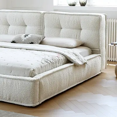 Modern Upholstered Double Bed with Padded Headboard - White Bouclé