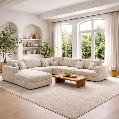Large L-shaped Beige Sectional Sofa with Ottoman - Comfortable Modern Design