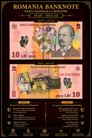 Romania 10 Lei Banknote – Front  Back Display | Artistic Design