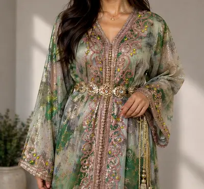 Embroidered Green Floral Kaftan with Gold Belt - Size M