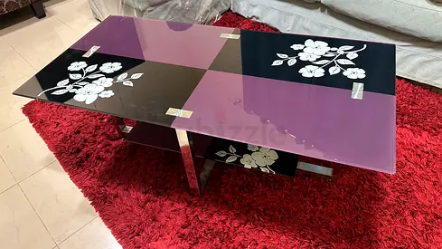 Glass Table with Floral Pattern and Lower Shelf - Good Condition