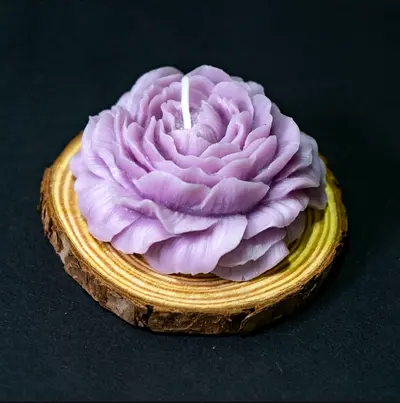 Handmade Purple Flower Shaped Scented Candle on Wooden Base