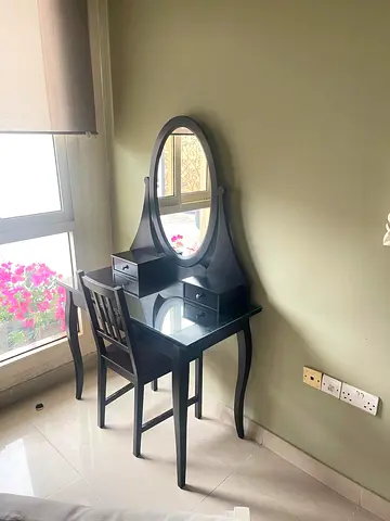 Black Wooden Dressing Table with Mirror and Chair - Good Condition