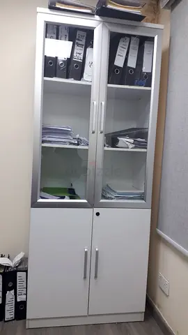 White  Silver Office Storage Cabinet with Glass Doors