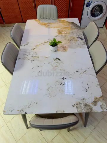 Marble-Effect Dining Table with 6 Upholstered Chairs