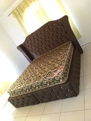 Queen tufted upholstered bed with mattress - used, good condition