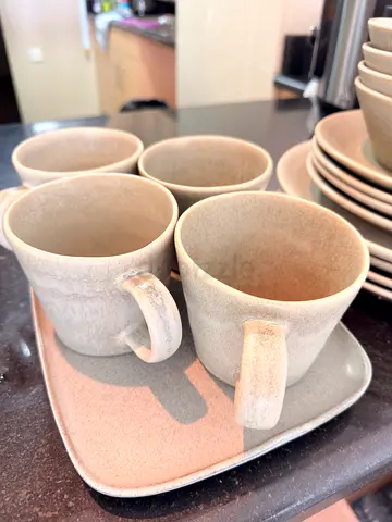Set of 6 Stoneware Cups and Saucers - Beige Textured Finish - Pottery Barn