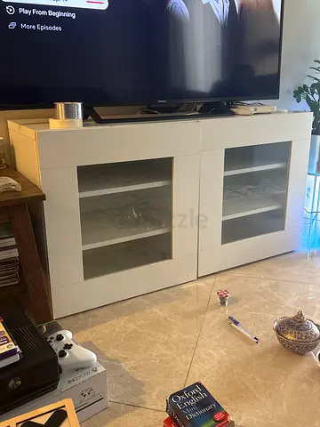White TV Stand / Entertainment Cabinet with Glass Doors