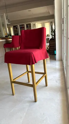 Set of 9 Tall Red Upholstered Bar Stools with Wooden Legs