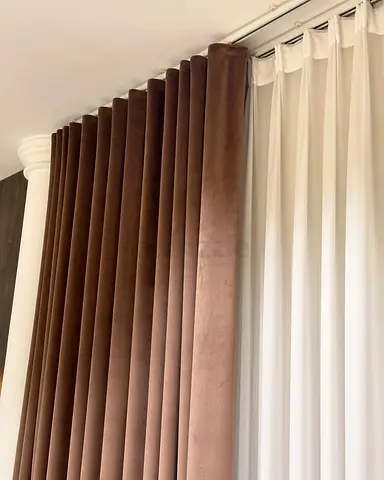 Brown velvet blackout curtains with sheer panels - set of 2