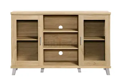Light Oak TV Entertainment Unit with Glass Doors and Open Shelves