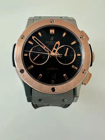 Hublot-style Mens Automatic Chronograph Watch - Black Dial, Rose Gold Bezel