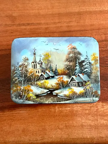 Hand Painted Small Black Lacquer Trinket Box with Red Interior and mother-of-pearl.