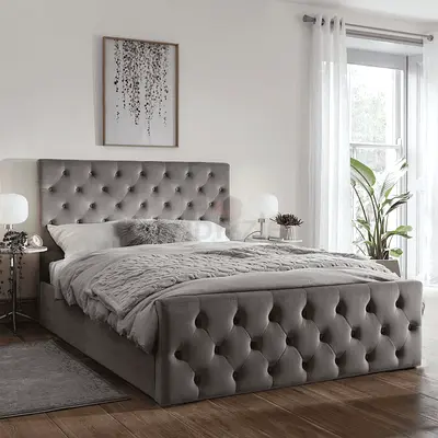 Tufted Grey Upholstered Double Bed with Storage Style Frame