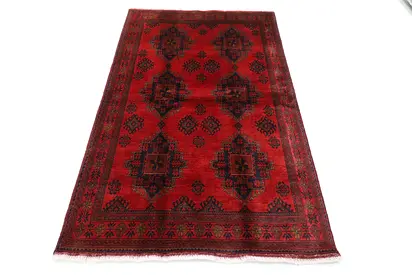 1.3 x 2m Khal mohammadi Handmade Red Afghan Rug - 4x6 ft, Traditional Geometric Design
