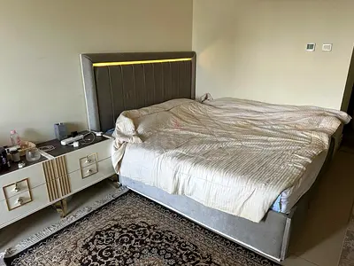 Bed set King Size with Headboard, with Moderns cream and gold night stands, dresser and wardrobe