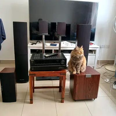 HOME THEATRE SYSTEM HAVEY DUTY WITH FIVE SPEAKERS DIFFERENT SIZED AND LINE LEVEL SOUND ONKYO BRAND