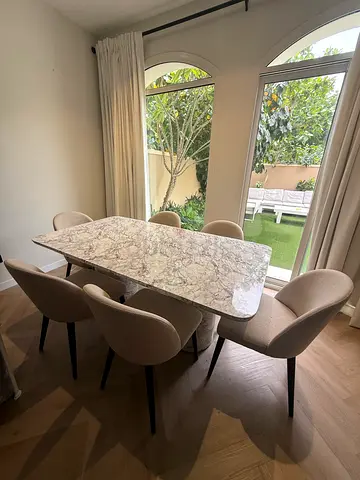 Marble-top dining table with 6 upholstered chairs - modern set