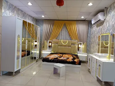 White  Gold Bedroom Set with Large Wardrobe and Vanity — Complete Bedroom Suite