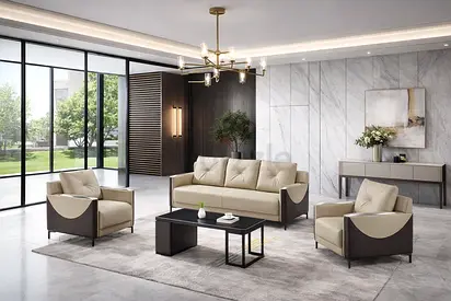 Beige Leather Office Sofa Set (3+1+1) – Modern Office Sofa 5 Seater For Office Use