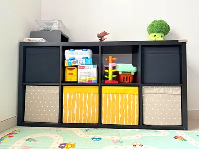 IKEA KALLAX
Shelving unit, white, 77x147 cm 8-cube storage unit with fabric bins