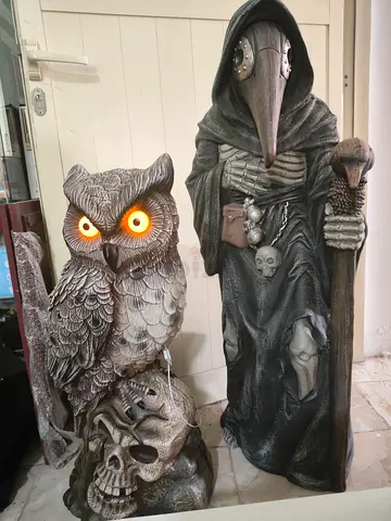 Pair of Gothic Decorative Statues — Owl with Illuminated Eyes and Plague Doctor Figure