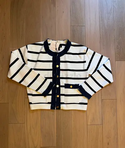 White and Navy Striped Cardigan with Gold Buttons and Denim trim S/M BNWT