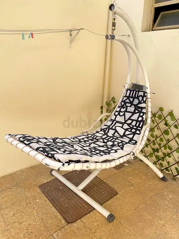 White Hanging Lounge Chair with Black Pattern Cushion - Good Condition