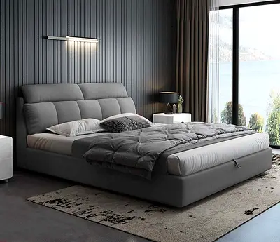 Modern Gray Upholstered Platform Bed with Padded Headboard (Queen/King) — Excellent Condition