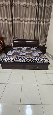 Queen/Double Bed Frame with Headboard and Underbed Drawers - Dark Wood + wardrobe 5 doors + Desser.