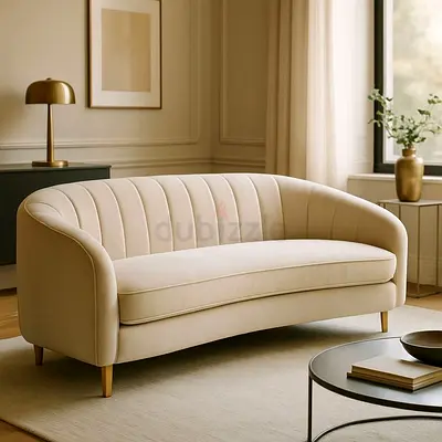 Beige 3-Seater Curved Sofa with Channel Back
