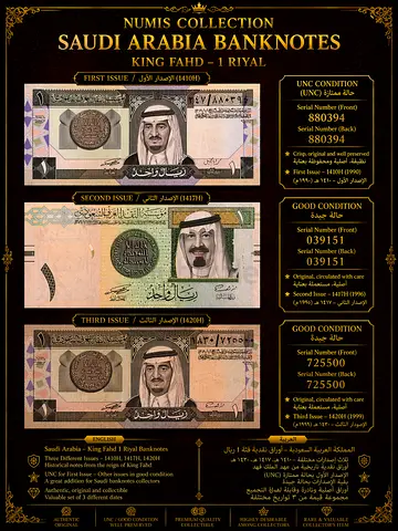 Saudi Arabia 1 Riyal Banknotes Set (3 pcs) – UNC + High Quality Notes